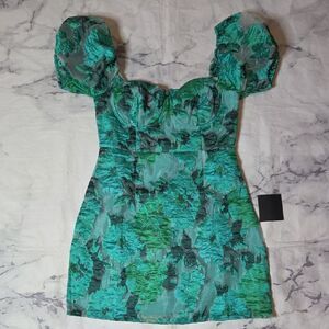 Lulu's Luxe Direction Teal Floral Jacquard Puff Sleeve Mini Dress